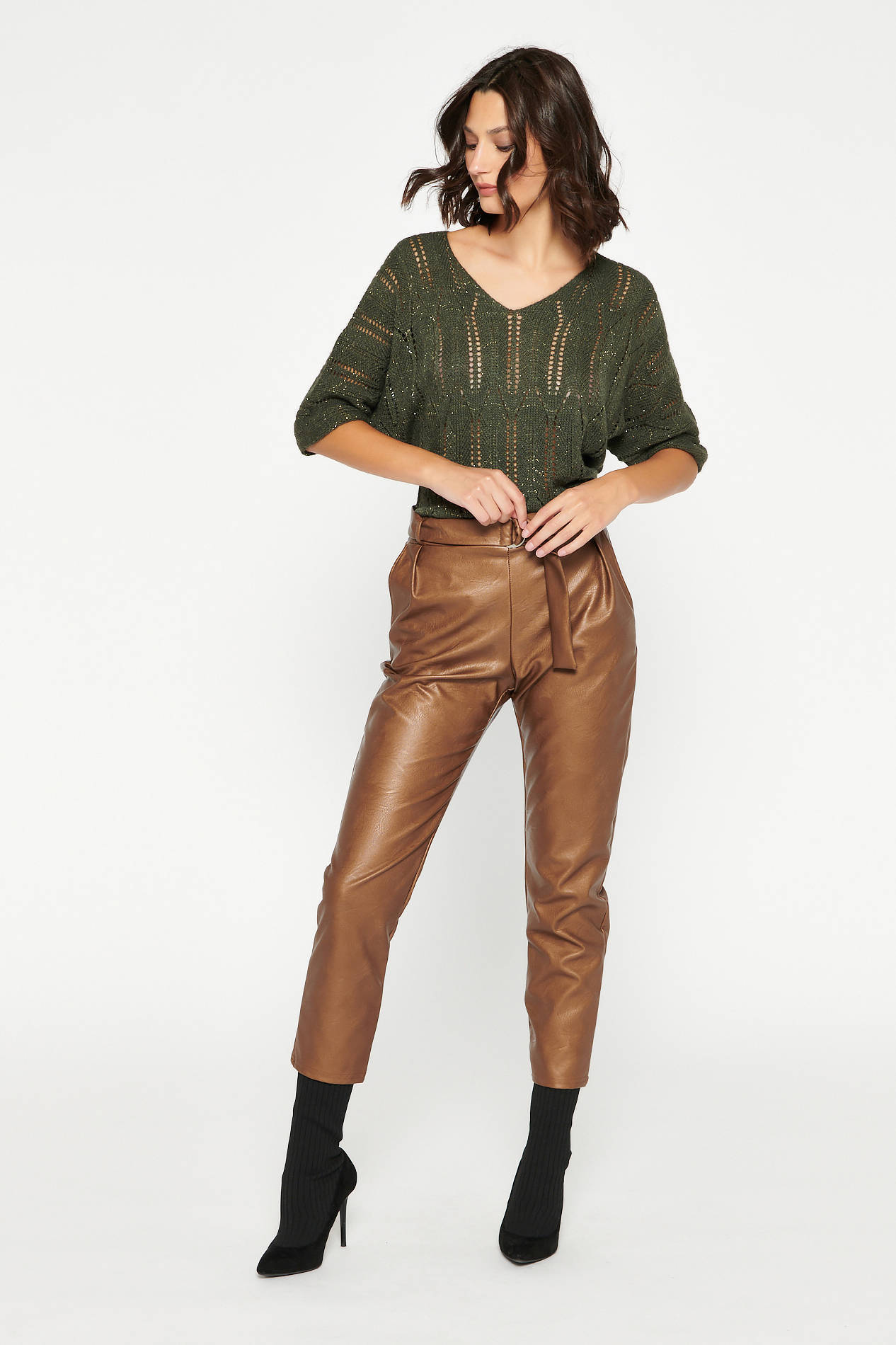 LOLALIZA imitatieleren cropped high waist slim fit broek bruin | wehkamp