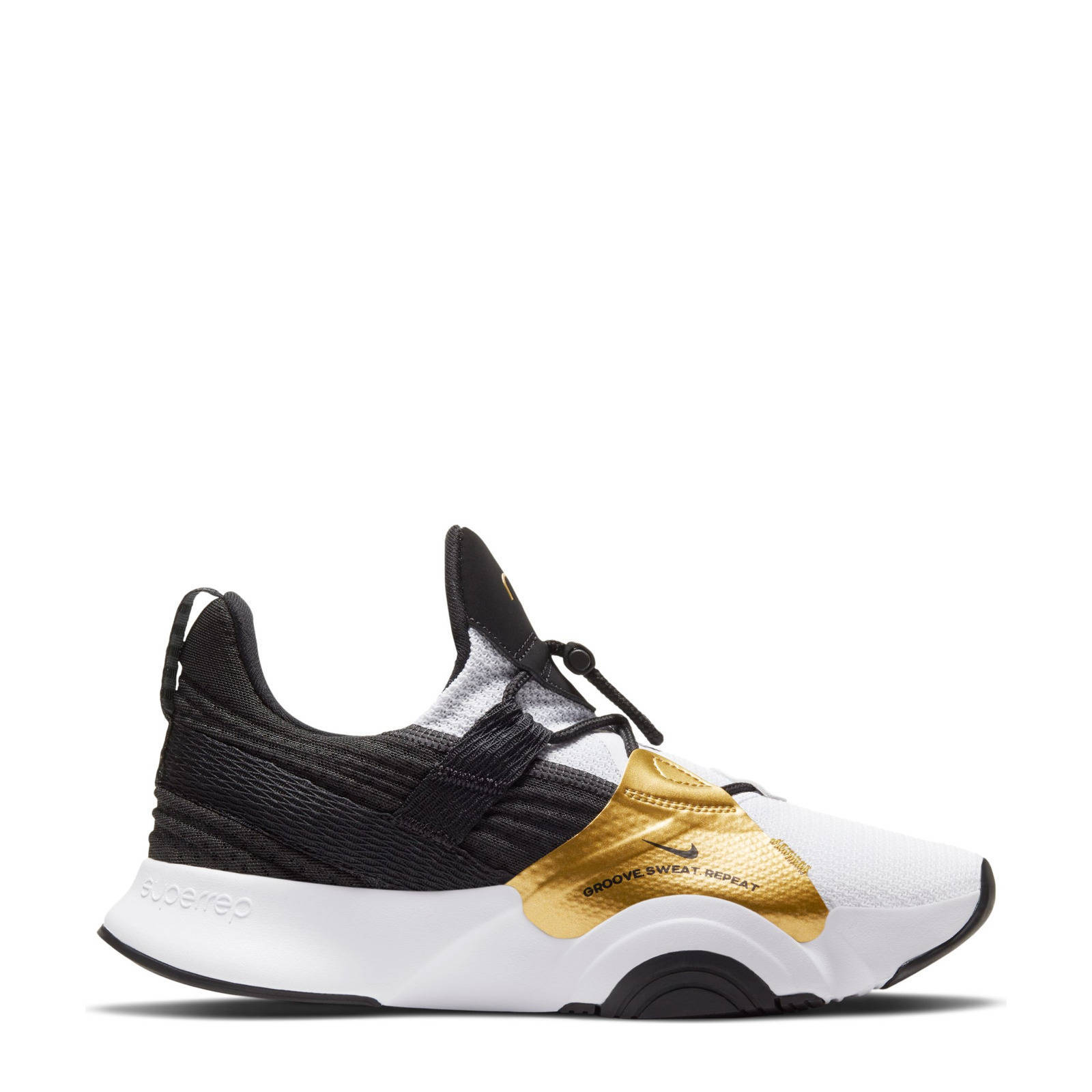 Nike SuperRep Groove fitness schoenen wit/zwart/goud | wehkamp