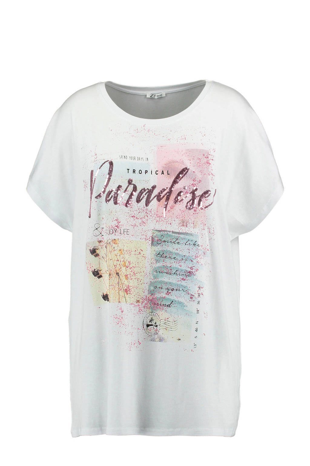 z-one T-shirt Evelin met printopdruk en pailletten wit/multi, Wit/multi