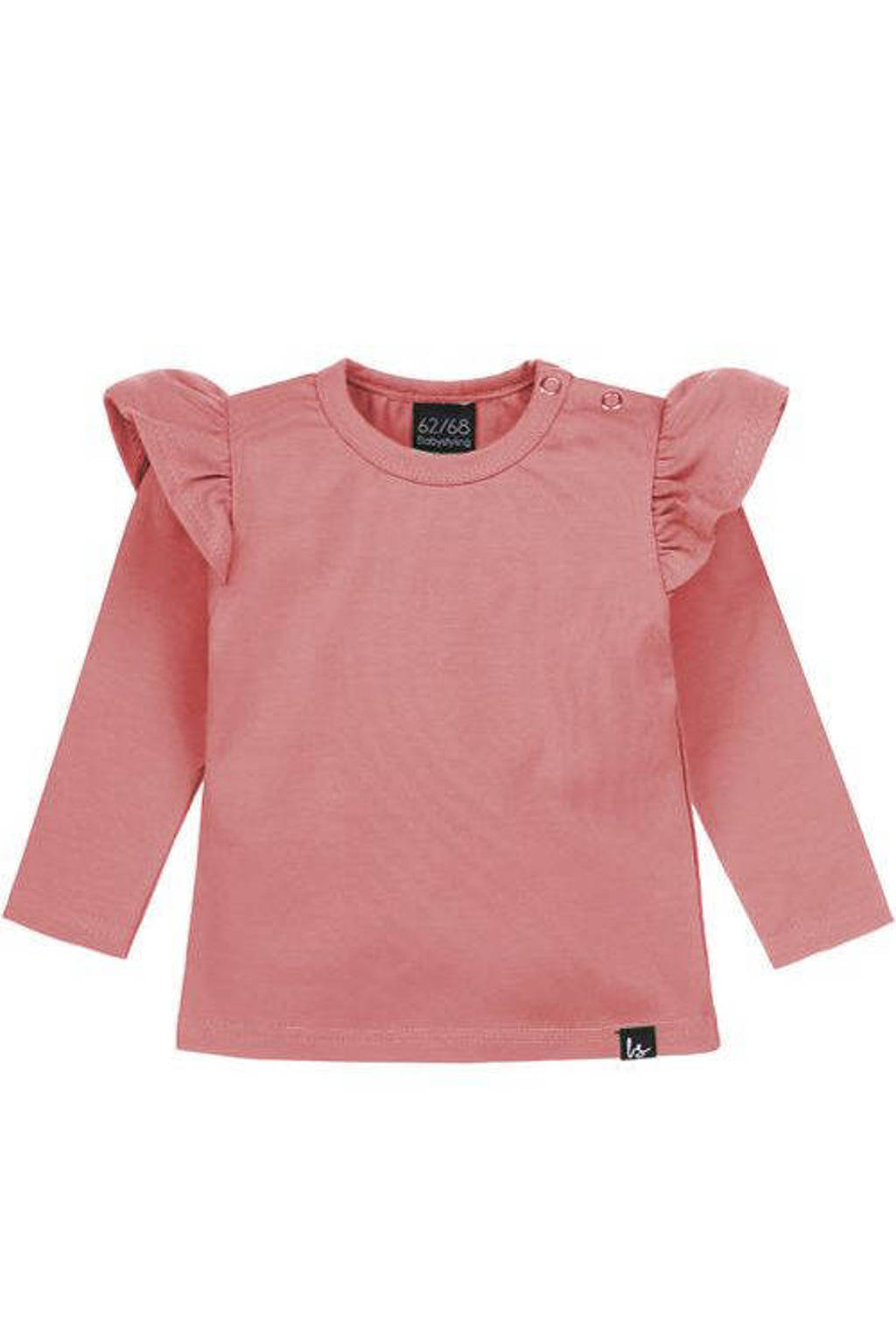 Oudroze meisjes Babystyling longsleeve van jersey met lange mouwen, ronde hals, drukknoopsluiting en ruches