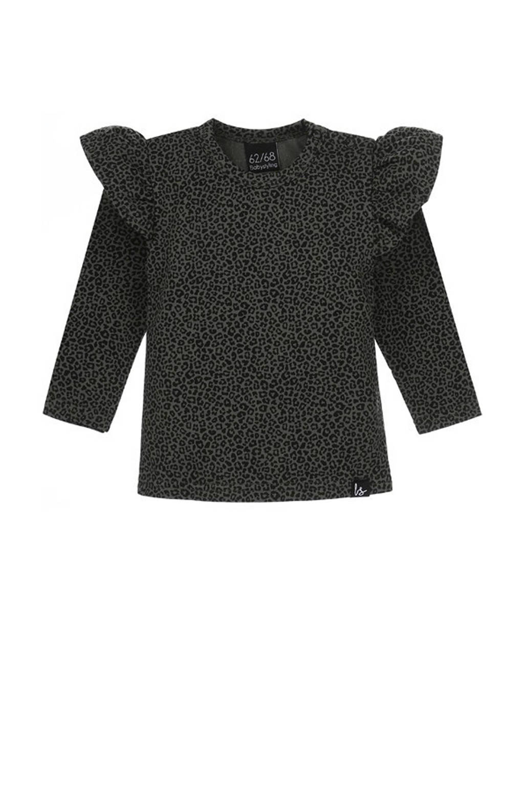 Babystyling longsleeve met dierenprint en ruches khakigroen, Khakigroen