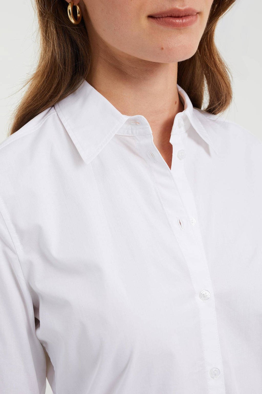 Witte dames WE Fashion blouse van katoen met lange mouwen, klassieke kraag en knoopsluiting