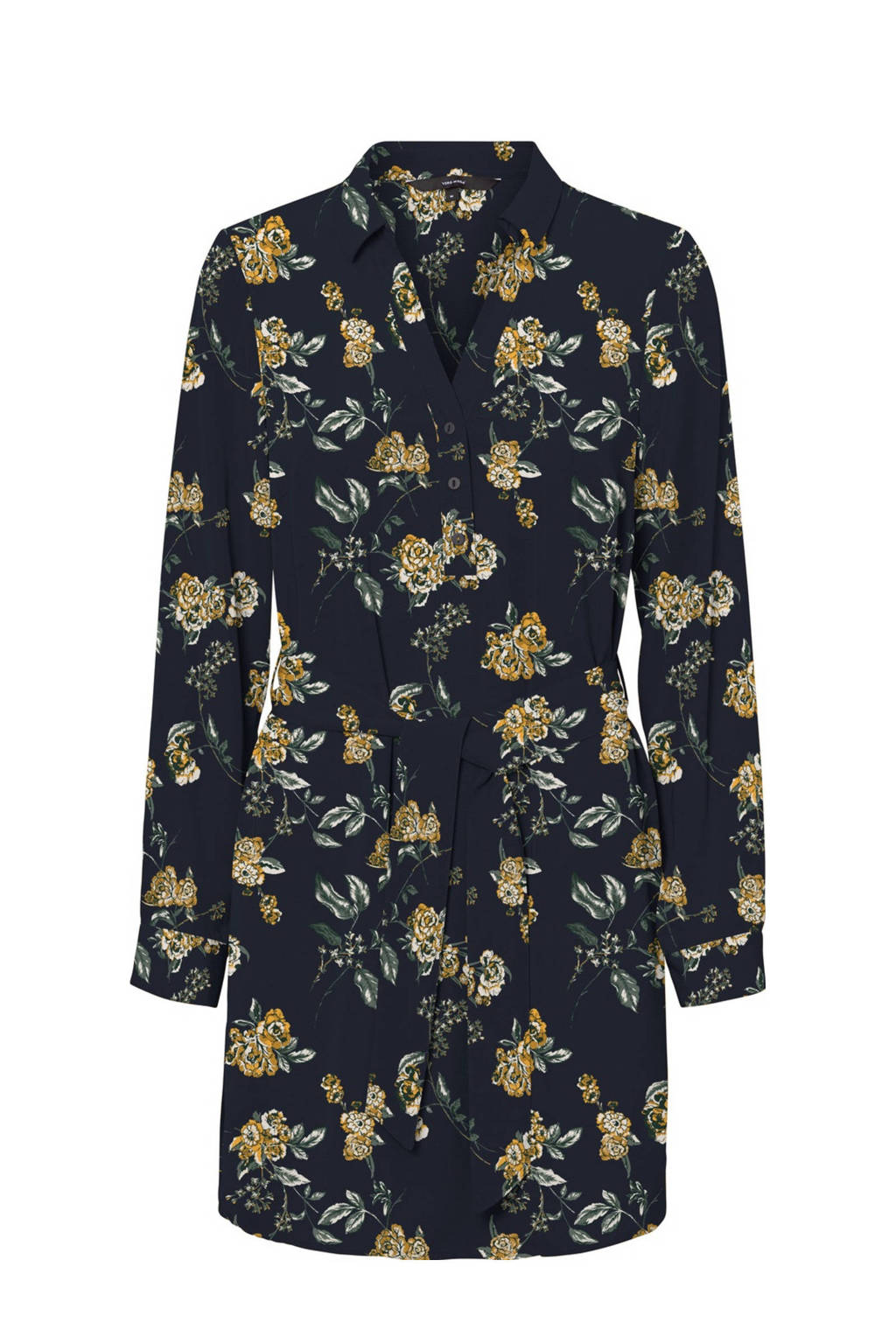 VERO MODA gebloemde blousejurk Boa donkerblauw/geel, Donkerblauw/geel