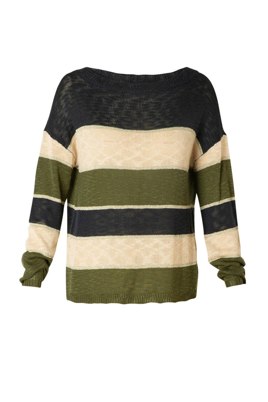 Ivy Beau gestreepte gebreide trui olijfgroen/ecru/donkerblauw, Olijfgroen/ecru/donkerblauw