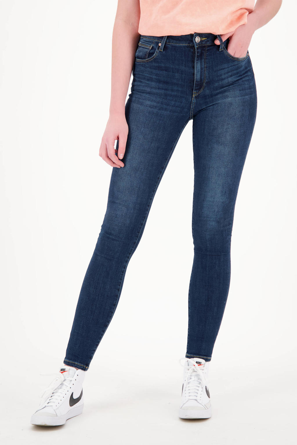 Donkerblauwe dames Raizzed high waist super skinny jeans Blossom van stretchdenim met rits- en knoopsluiting
