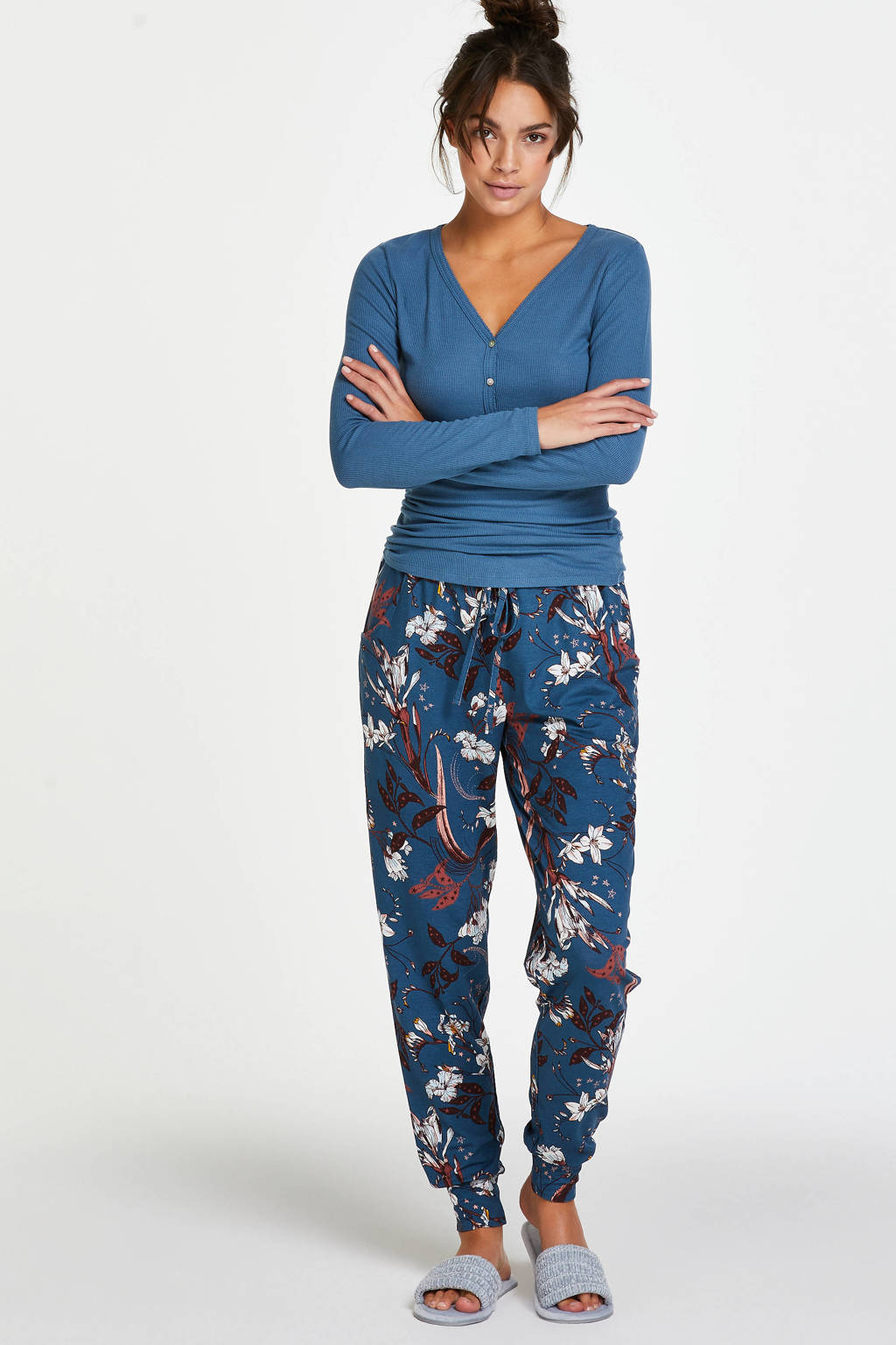 Hunkemöller pyjamatop met ribstructuur blauw, Blauw