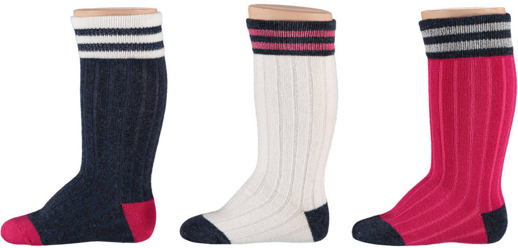 Apollo kniekousen - set van 3 blauw/wit/roze, Blauw/roze/wit