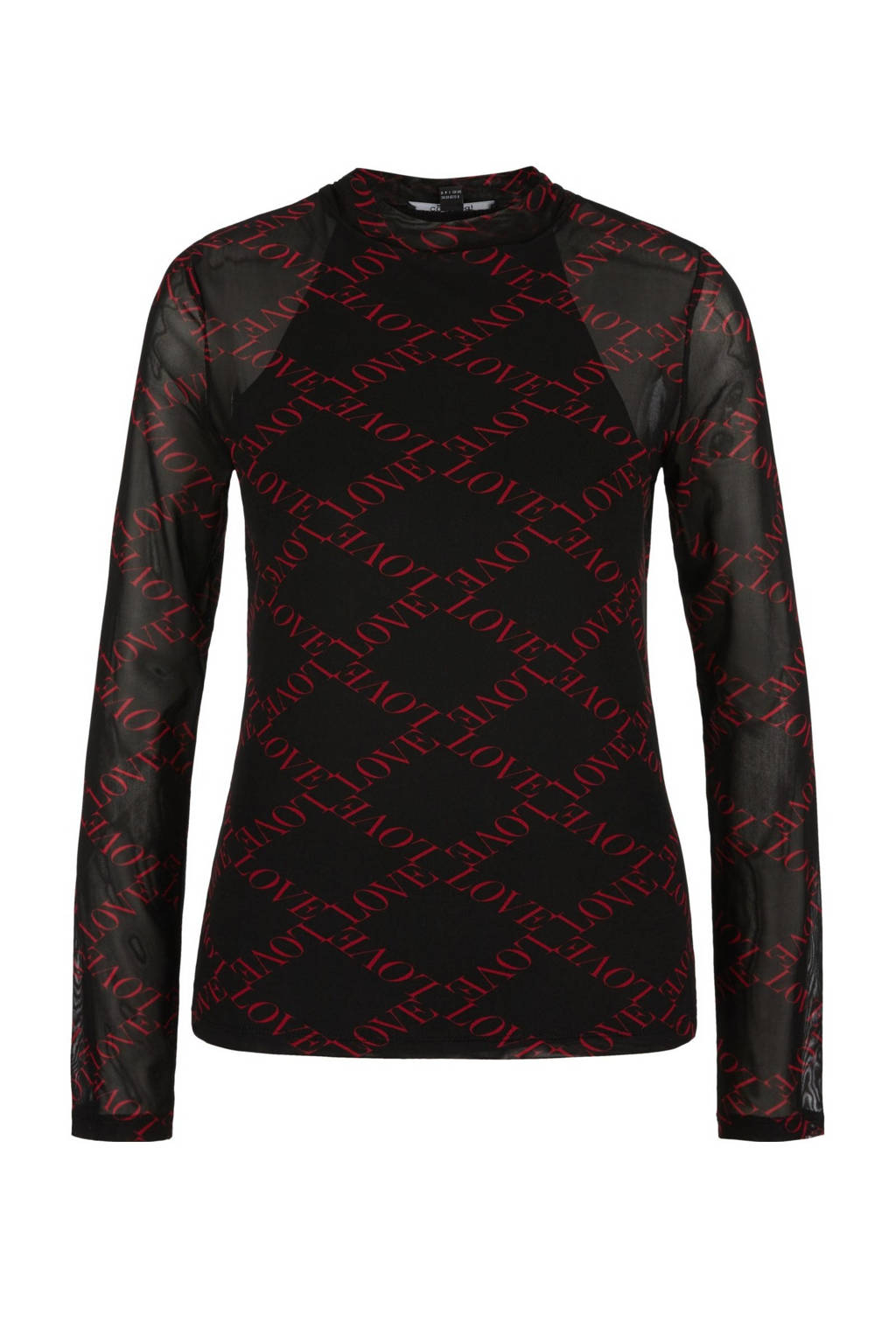 comma semi-transparante longsleeve met tekst zwart/rood, Zwart/rood