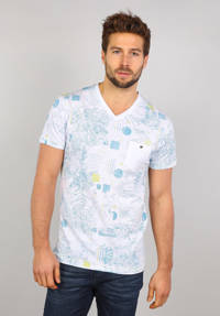 Lichtblauw en witte heren GABBIANO T-shirt van katoen met all over print, korte mouwen en V-hals