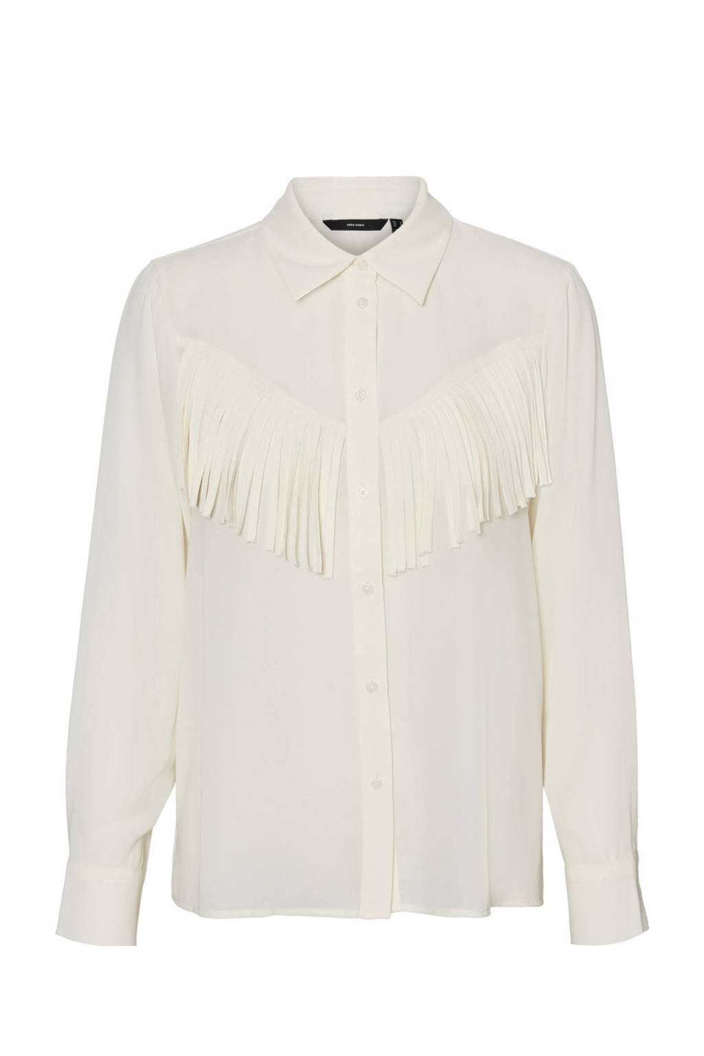 Witte dames VERO MODA blouse van polyester met lange mouwen, klassieke kraag, knoopsluiting en franjes