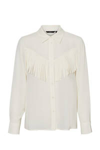 Witte dames VERO MODA blouse van polyester met lange mouwen, klassieke kraag, knoopsluiting en franjes