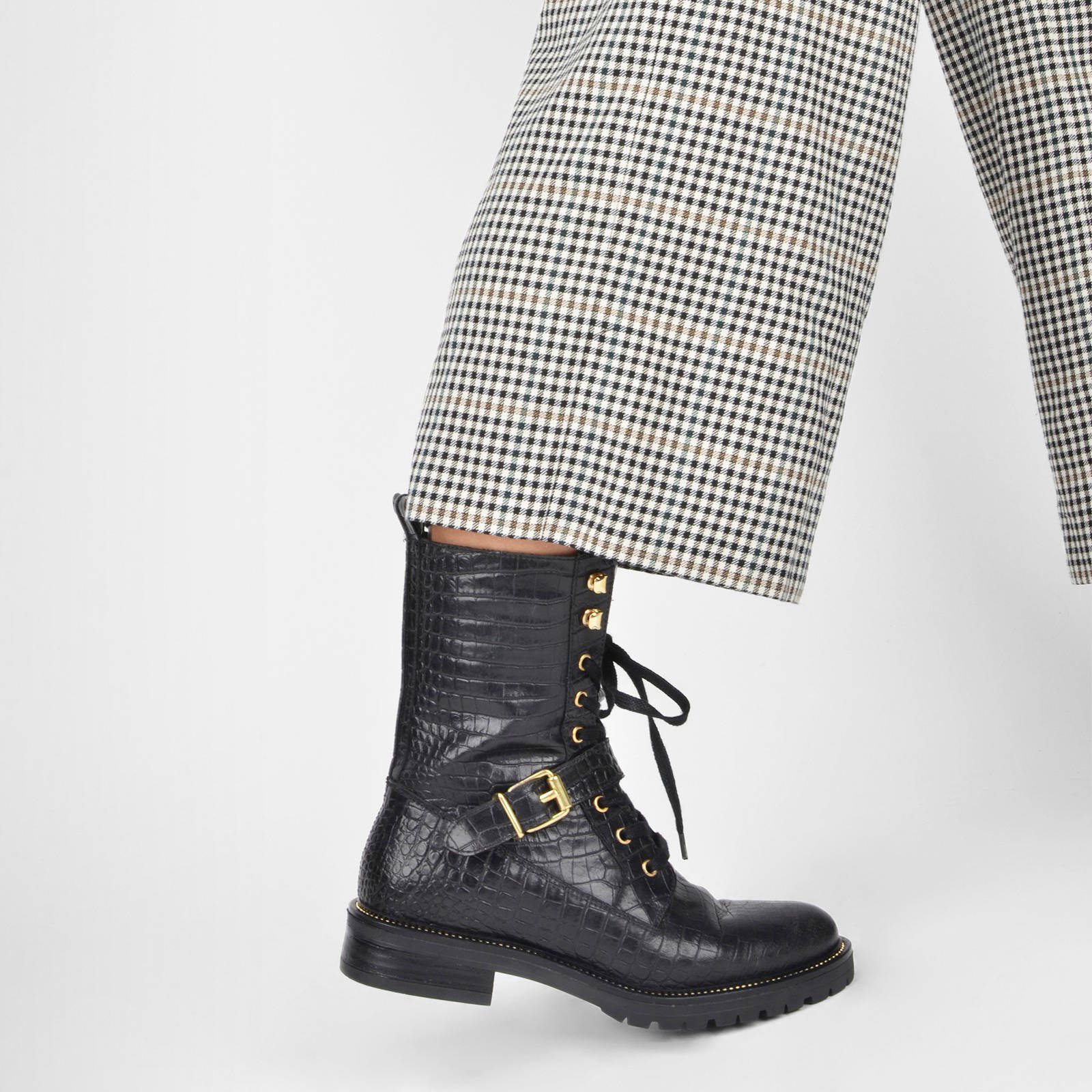 PS Poelman Dungaball leren veterboots met crocoprint zwart PS Poelman leren veterboots | wehkamp