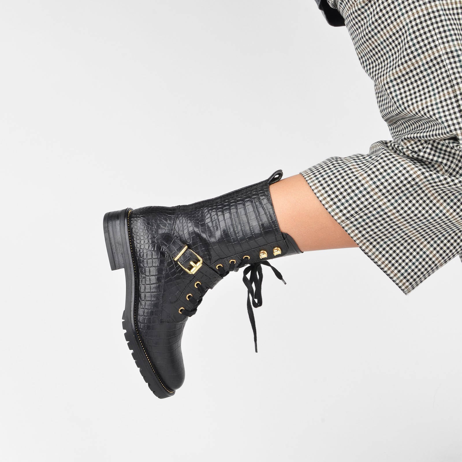 PS Poelman Dungaball leren veterboots met crocoprint zwart | wehkamp