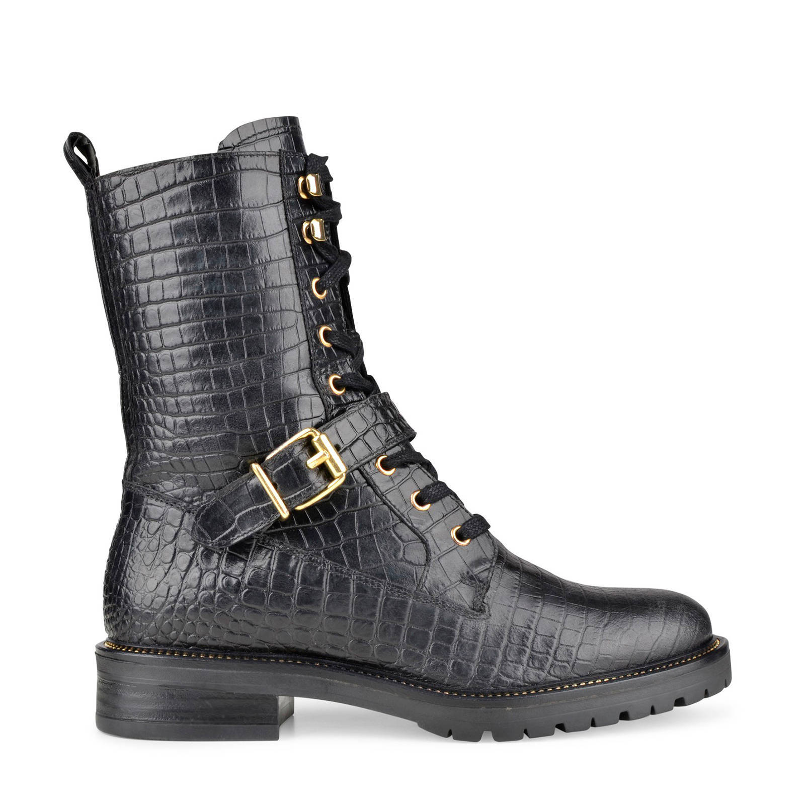 PS Poelman Dungaball leren veterboots met crocoprint zwart | wehkamp