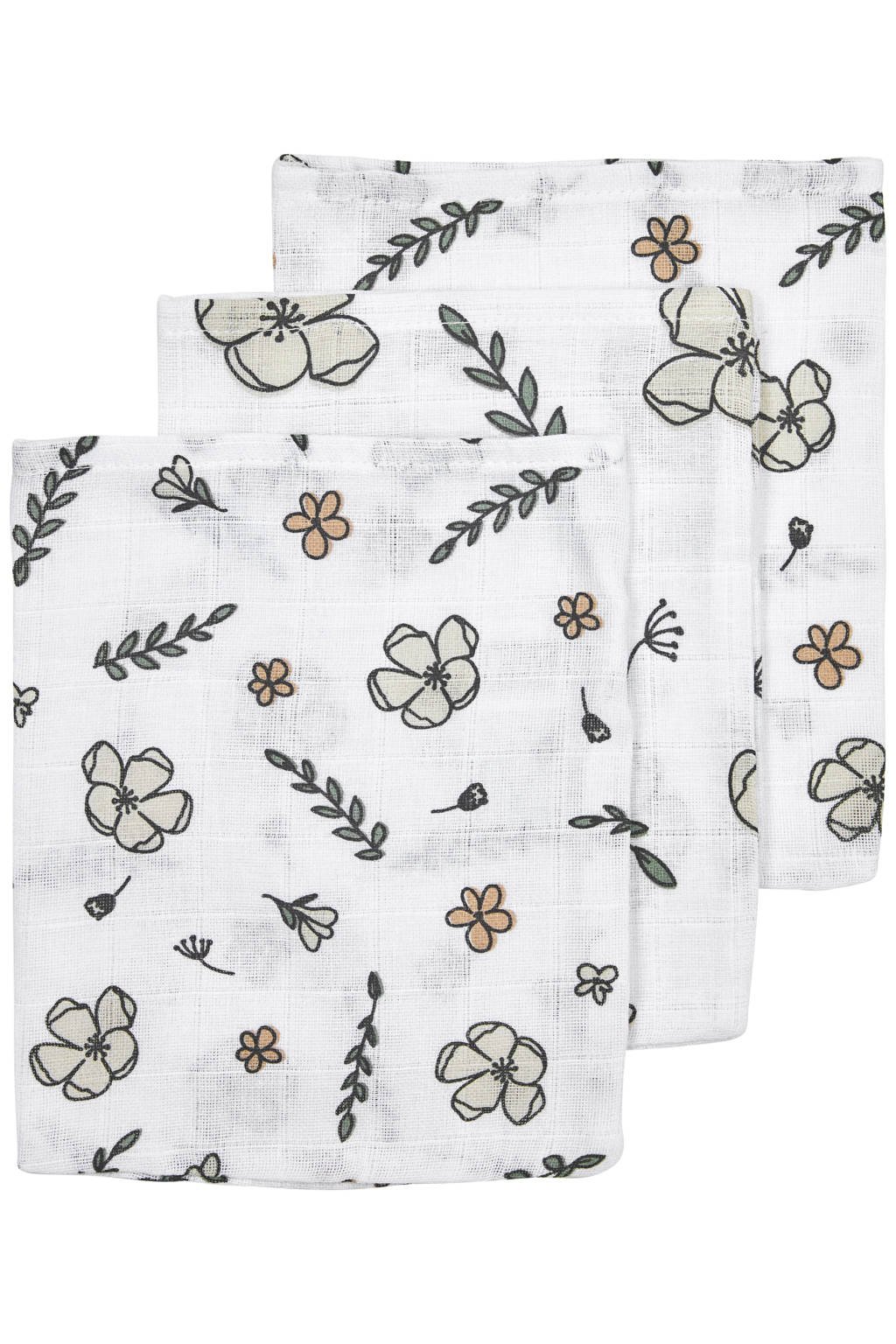 Meyco hydrofiel washandje - set van 3 Floral GOTS 17x20 cm wit/multi, Wit/multi