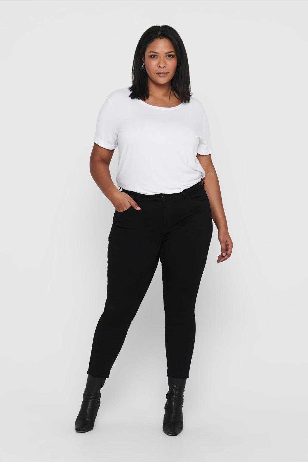 Zwarte dames ONLY CARMAKOMA cropped regular waist skinny jeans van stretchdenim met rits- en knoopsluiting