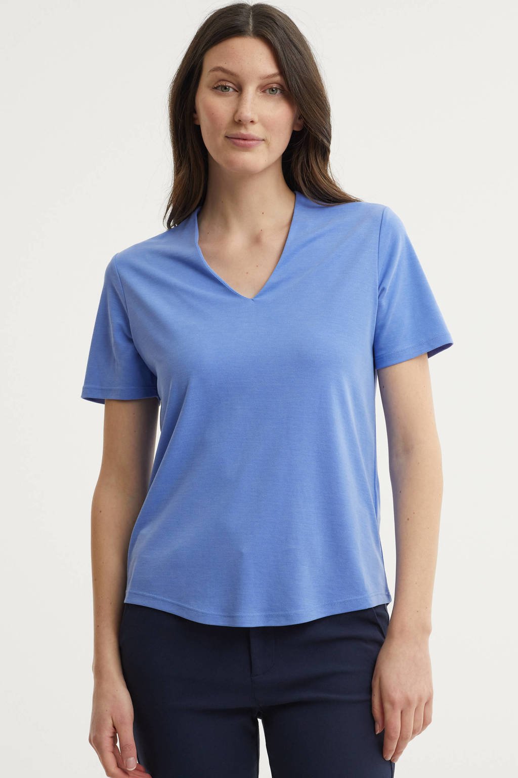 Blauwe dames FREEQUENT T-shirt van modal met korte mouwen en V-hals