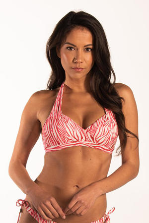 voorgevormde halter bikinitop met zebraprint wit/rood/roze