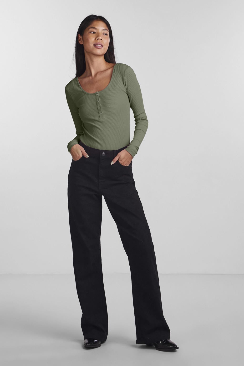 PIECES ribgebreide longsleeve met katoen zwart