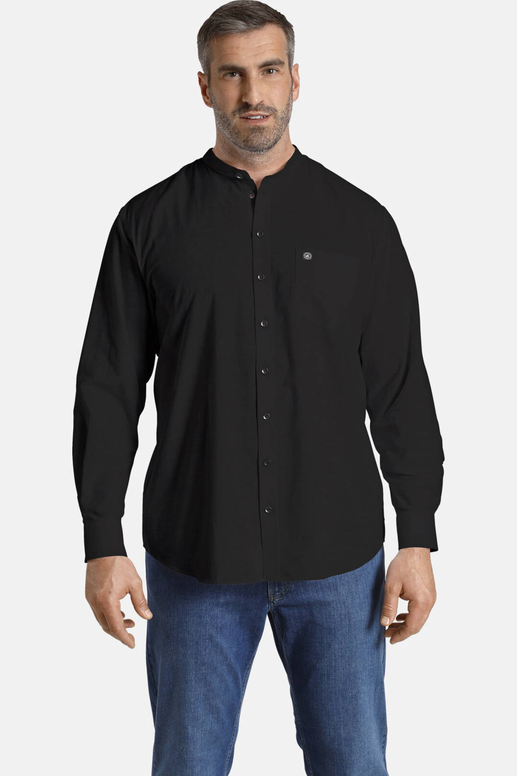Zwarte heren Jan Vanderstorm regular fit overhemd Plus Size Plus Size van katoen met lange mouwen en mao kraag