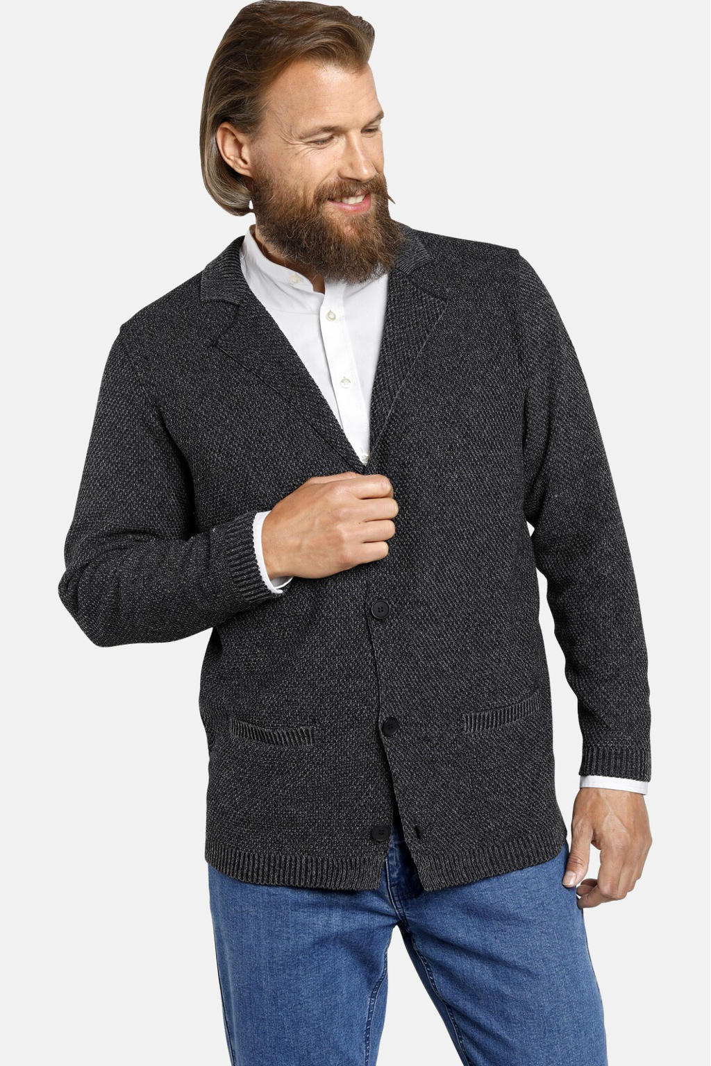 Grijze heren Jan Vanderstorm gemêleerd vest Plus Size van katoen met lange mouwen en V-hals