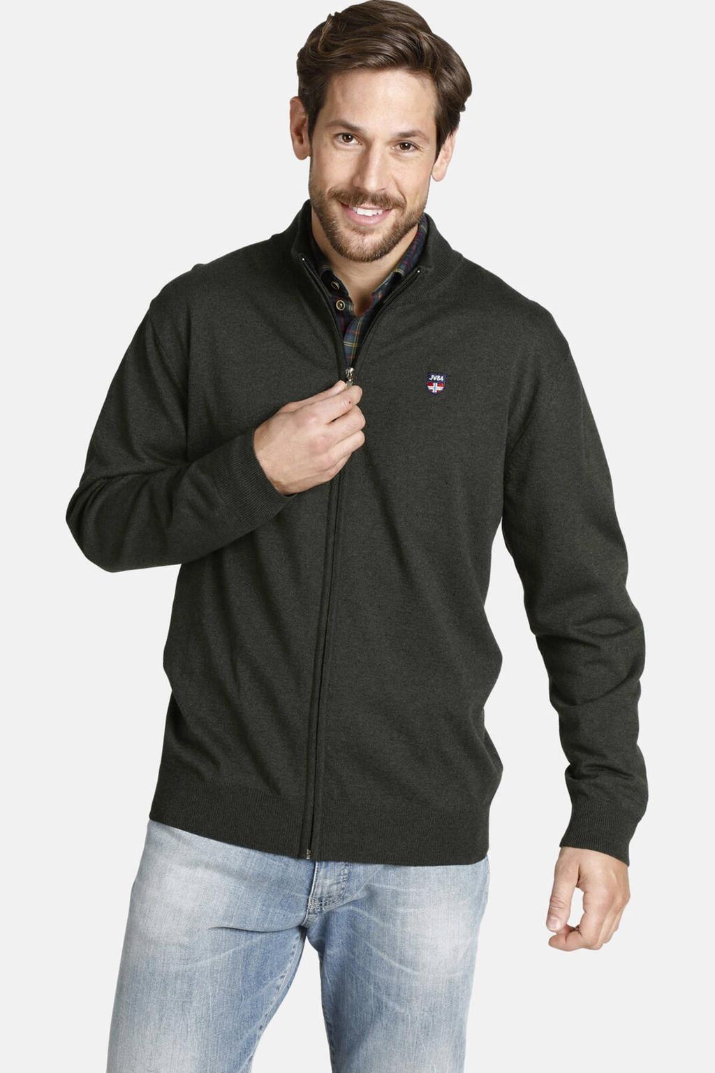 Donkergroene heren Jan Vanderstorm fijngebreid regular fit vest Plus Size Agner van katoen met lange mouwen, opstaande kraag en ritssluiting