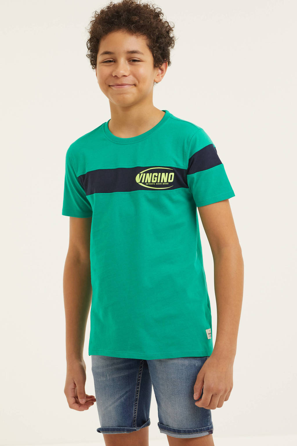 Groen, mintgroen en zwarte jongens Vingino T-shirt Halosi van katoen met logo dessin en korte mouwen