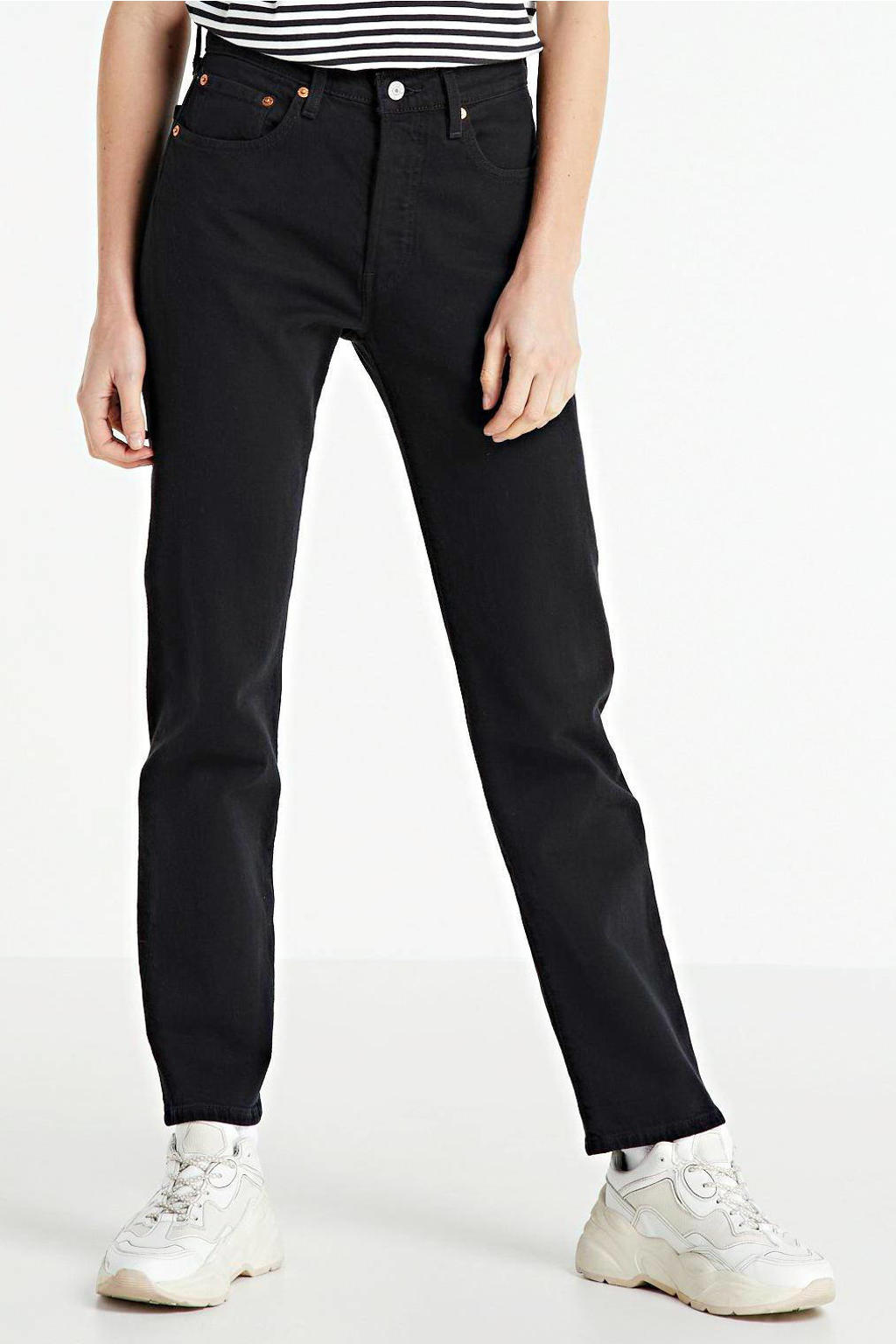 Zwarte dames Levi's crop high waist straight fit jeans van stretchdenim met rits- en knoopsluiting