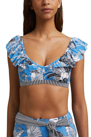 bikinitop Tulum met all over print en ruches blauw/wit/zwart