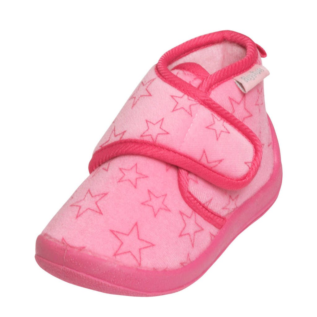 Playshoes pantoffels met sterrendessin Velcro roze/donkerroze