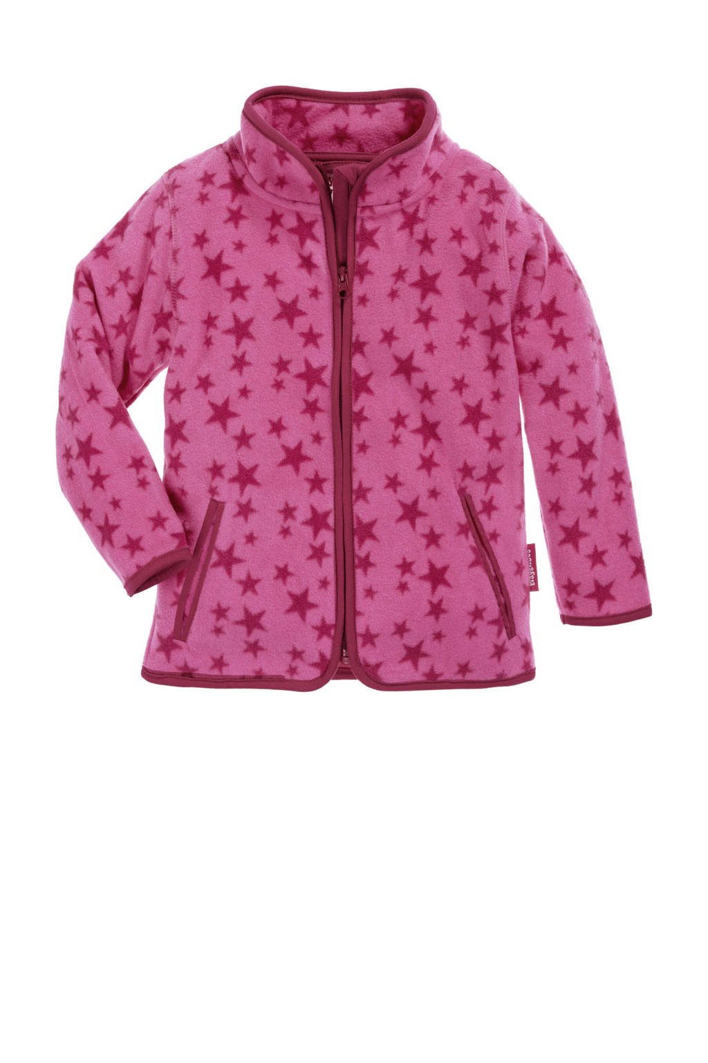 Roze en fuchsia meisjes Playshoes fleece vest Stars met sterrenprint, lange mouwen, opstaande kraag en ritssluiting
