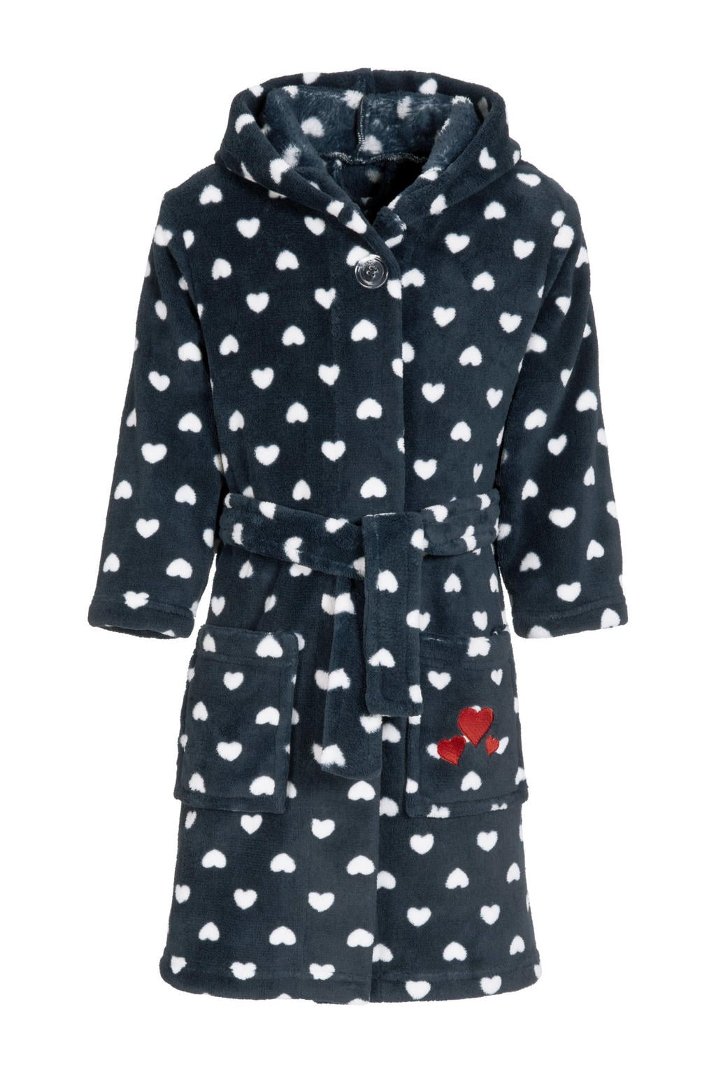 Playshoes fleece badjas Hearts met hartjes donkerblauw/wit