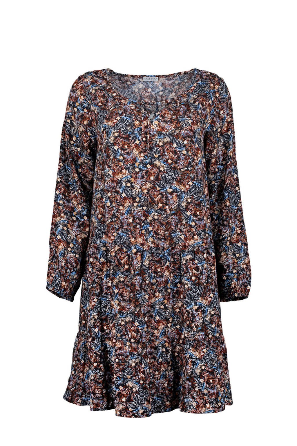 Re-Draft A-lijn jurk met all over print en volant zwart/blauw/donkerrood, Zwart/blauw/donkerrood