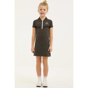 jurk met contrastbies en ruches antraciet/lichtroze/wit