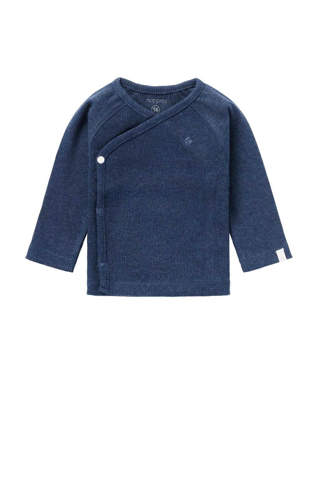 Donkerblauwe jongens en meisjes Noppies baby longsleeve Nanyuki van katoen met effen, lange mouwen, V-hals, drukknoopsluiting en borduursels