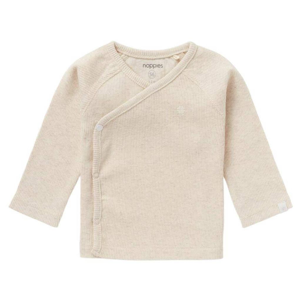 Beige jongens en meisjes Noppies baby longsleeve Nanyuki van katoen met effen, lange mouwen, V-hals, drukknoopsluiting en borduursels