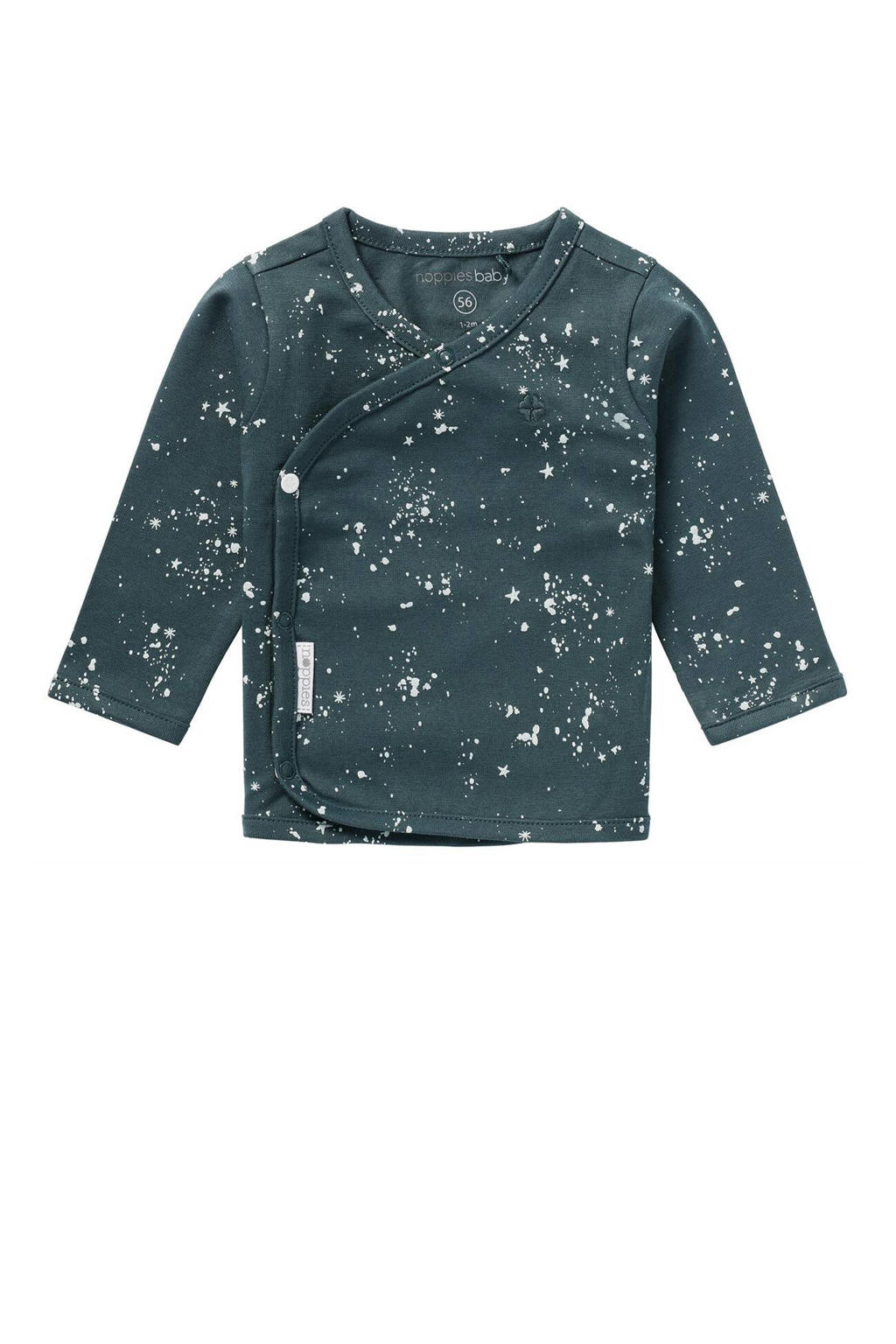 Donkergroene jongens en meisjes Noppies baby longsleeve Lyoni katoen met mixprint, lange mouwen, overslagkraag, drukknoopsluiting en borduursels