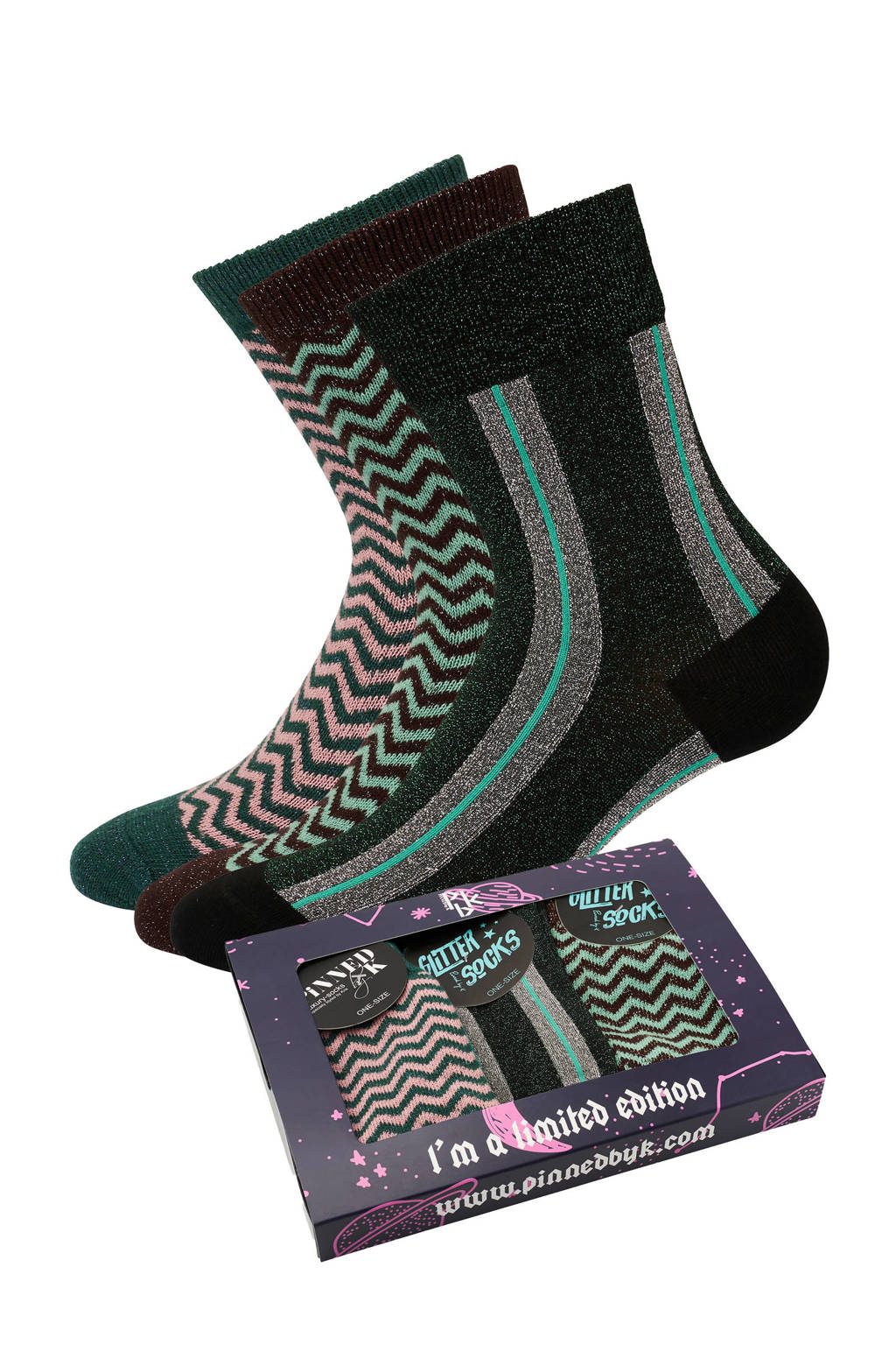 Pinned by K giftbox sokken - set van 3 zwart/multi, Zwart/roze/mintgroen