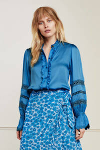 Blauwe dames Fabienne Chapot blouse Boho van viscose met lange mouwen, opstaande kraag, knoopsluiting en broderie