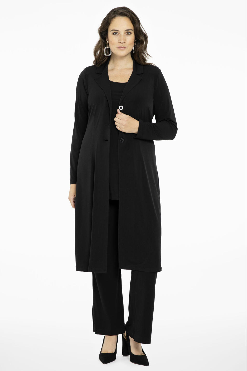 Zwarte dames Yoek blazer van polyester met lange mouwen, reverskraag en knoopsluiting