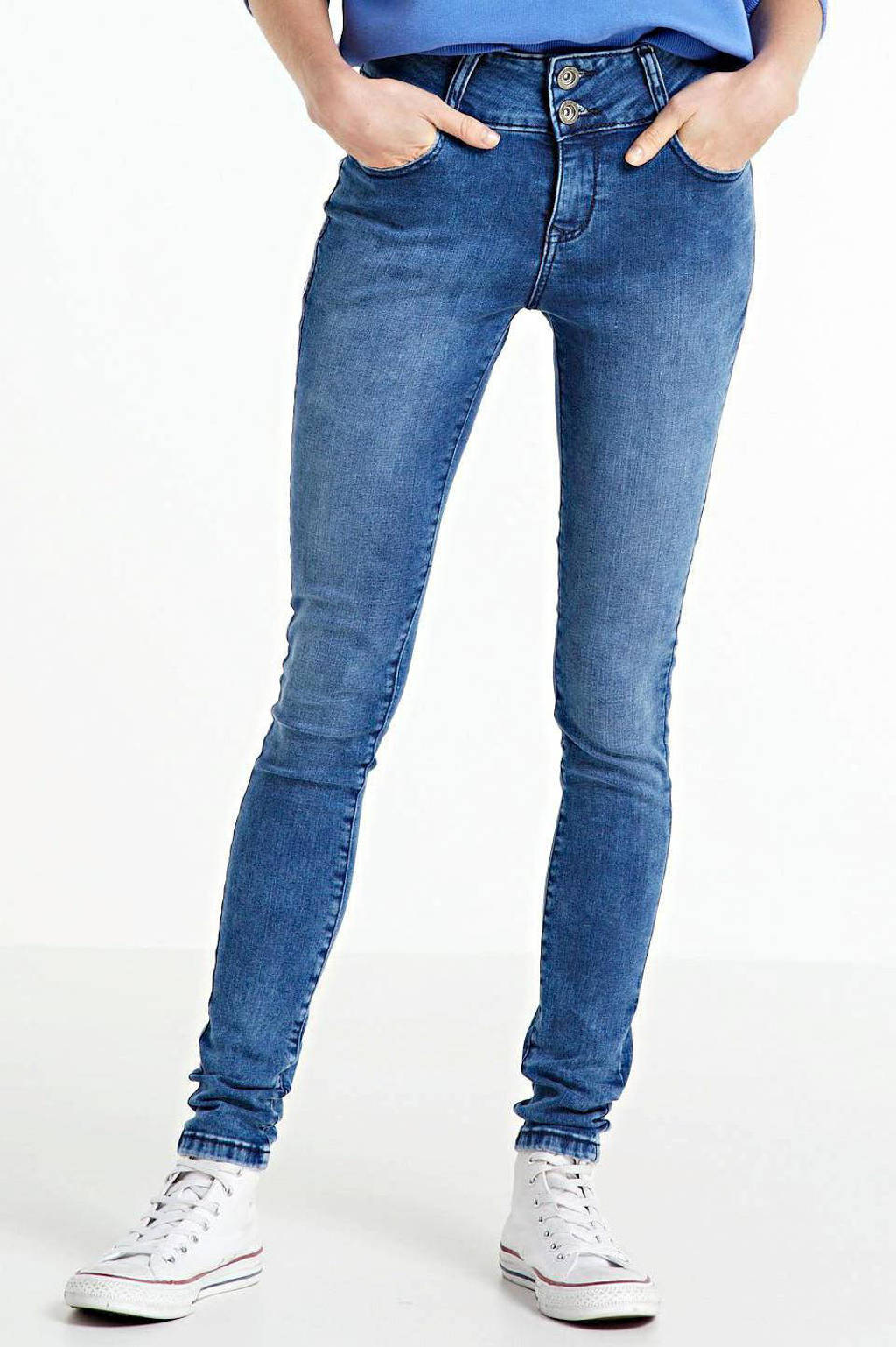 Donkerblauwe dames Cars skinny jeans Amazing van stretchdenim met regular waist en rits- en knoopsluiting