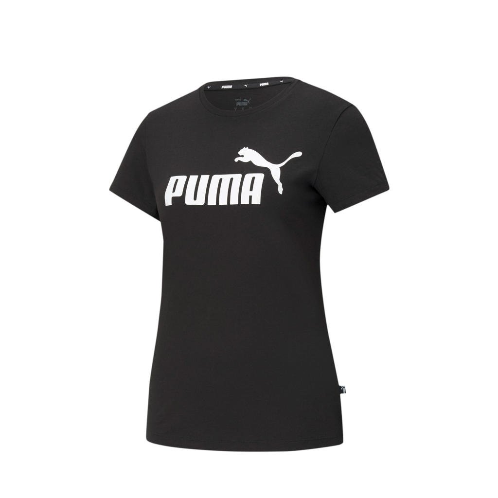Zwarte dames Puma T-shirt van duurzaam katoen met logo dessin, korte mouwen en ronde hals