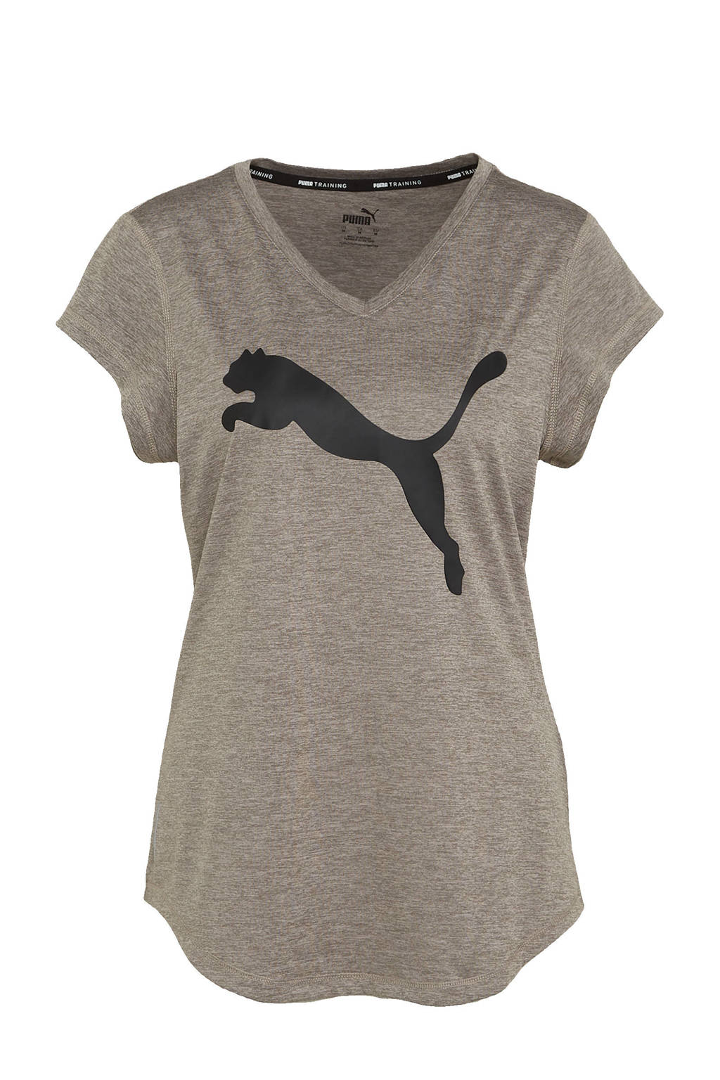 Grijze dames Puma sport T-shirt van gerecycled polyester met logo dessin, kapmouwtjes en V-hals