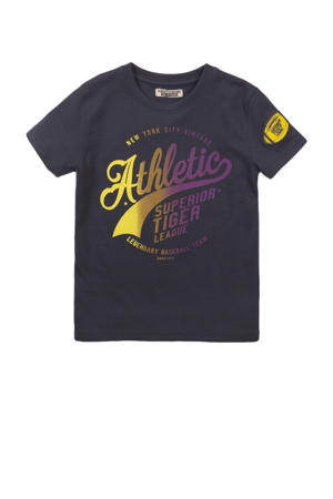 T-shirt met tekst antraciet/geel/paars