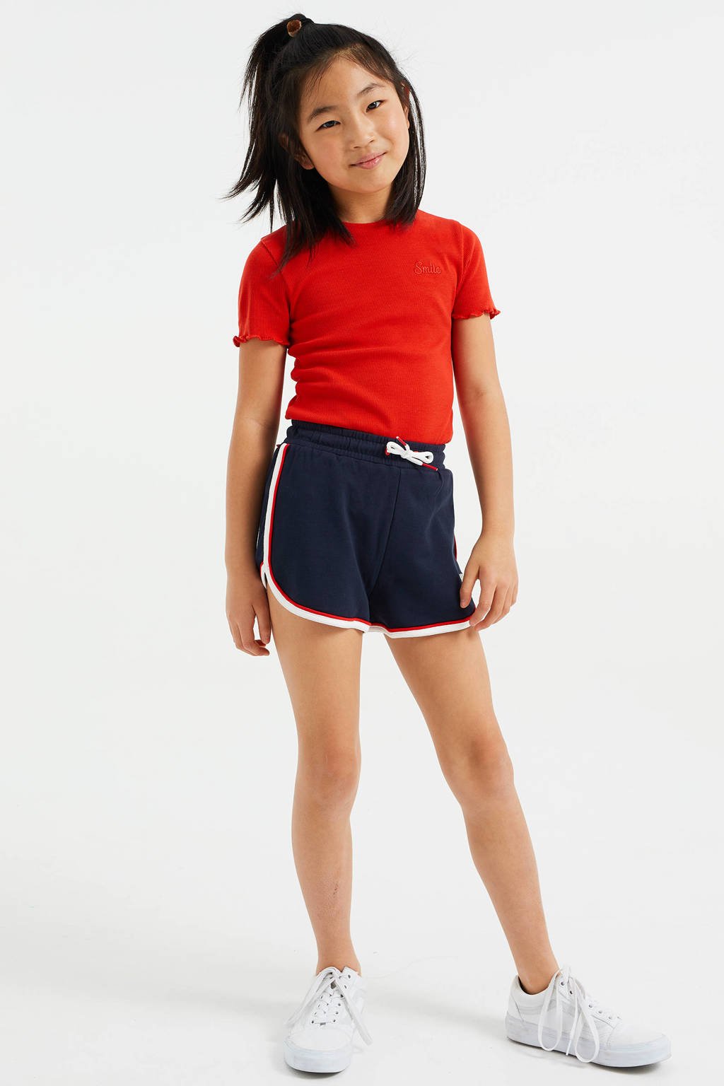 WE Fashion straight fit korte broek met zijstreep donkerblauw/rood/wit, Donkerblauw/rood/wit