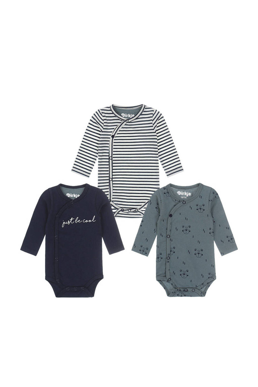 Dirkje romper - set van 3 van biologisch katoen donkerblauw/grijsgroen/wit, Donkerblauw/grijsgroen/wit