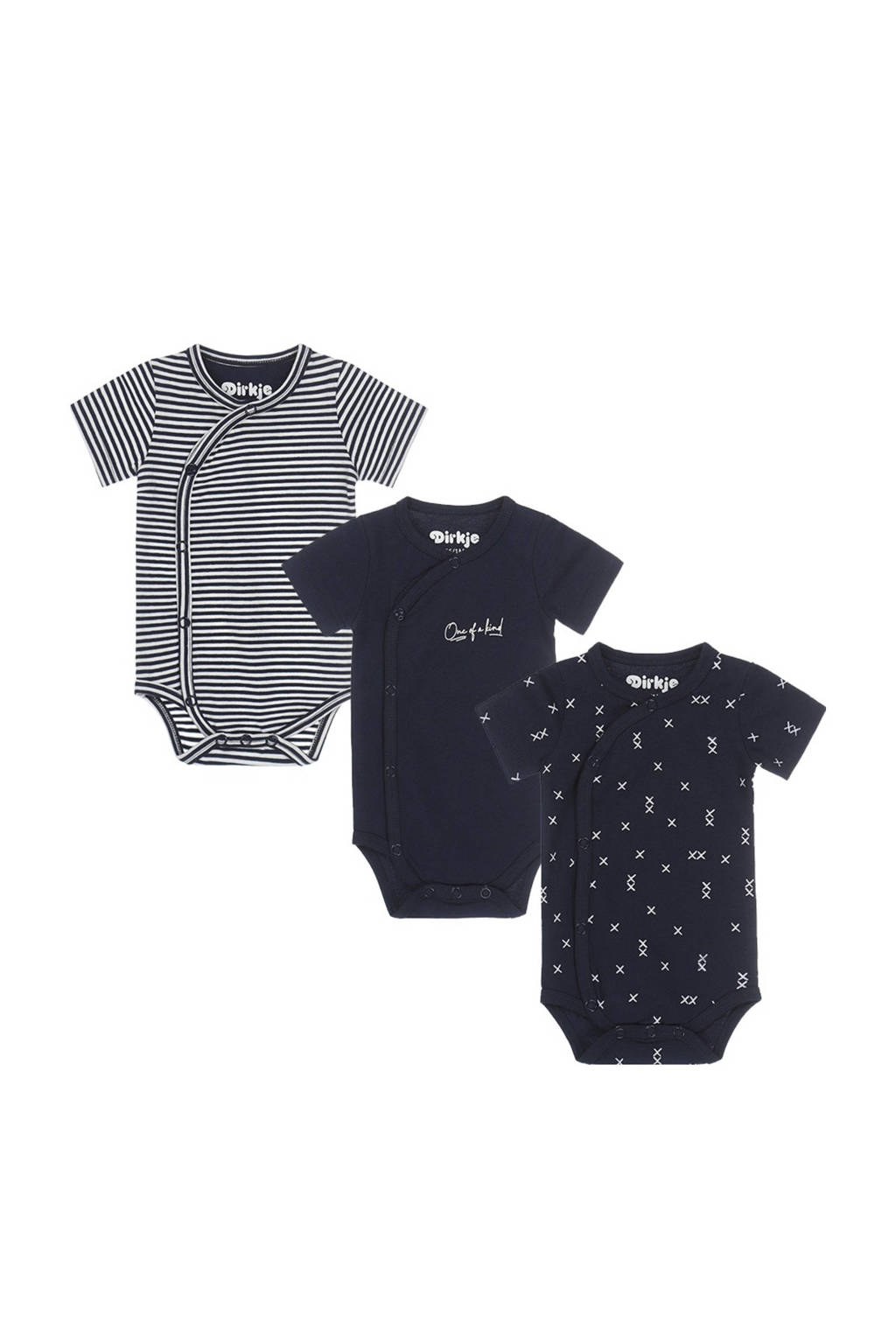 Dirkje newborn baby romper - set van 3 donkerblauw/wit, Donkerblauw/wit