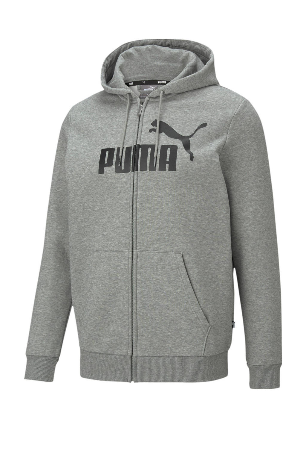 Grijs melange heren Puma sweatvest melange van katoen met logo dessin, lange mouwen, capuchon, ritssluiting en geribde boorden