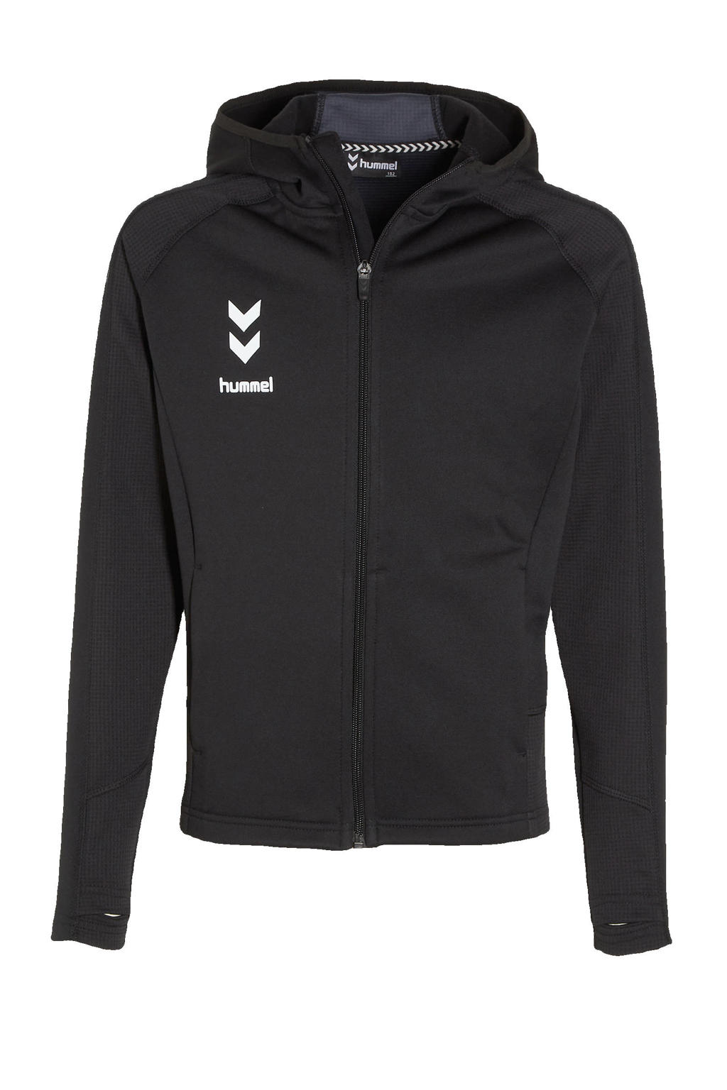 Zwarte jongens en meisjes hummel Junior sportvest van polyester met logo dessin, lange mouwen, capuchon en ritssluiting