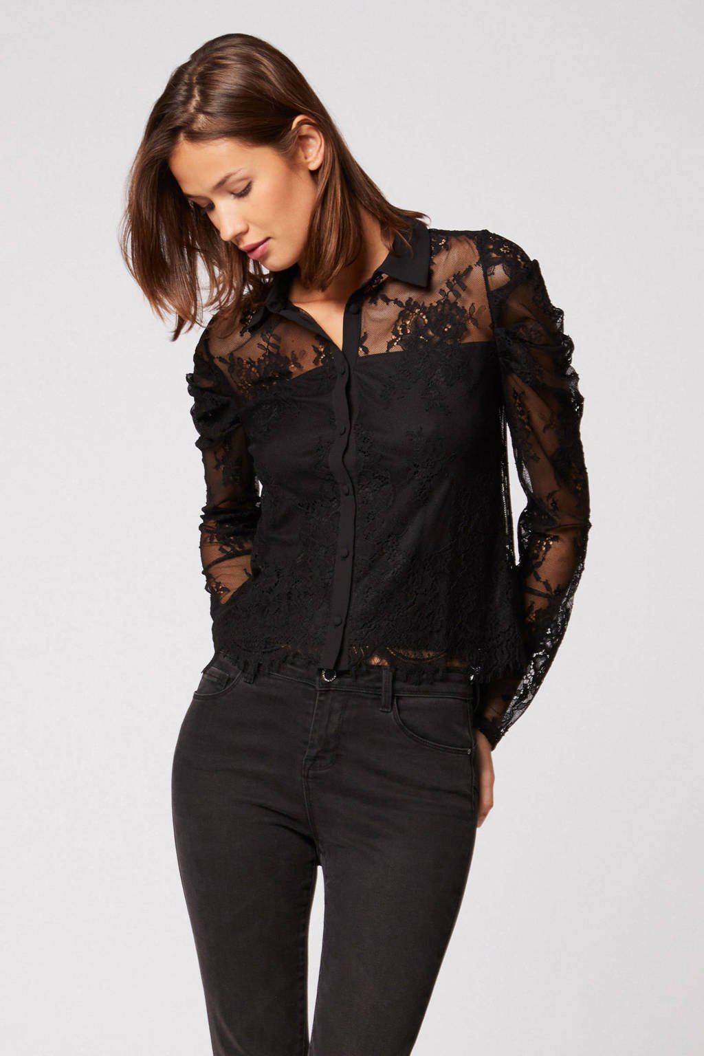 Bedrog Menselijk ras Ale Morgan semi-transparante kanten blouse met kant zwart | wehkamp